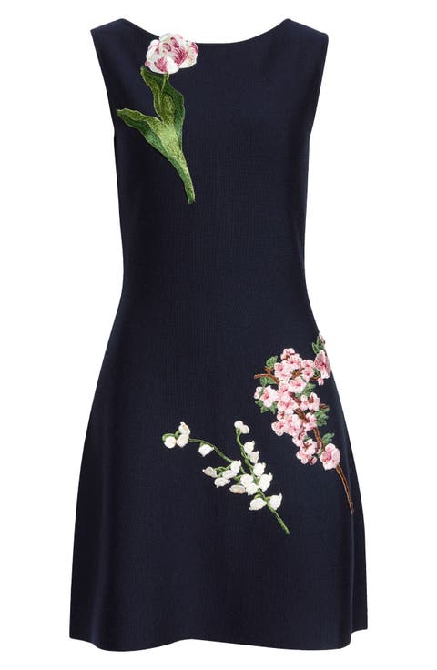 Mixed Botanical Embroidered Wool Knit Dress