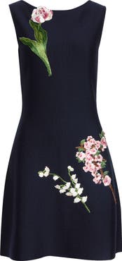 Oscar de la Renta Mixed Botanical Embroidered Wool Knit Dress