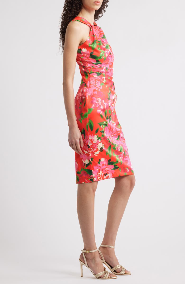 Eliza J Floral Print Twist Neck Sheath Dress, Alternate, color, Chy