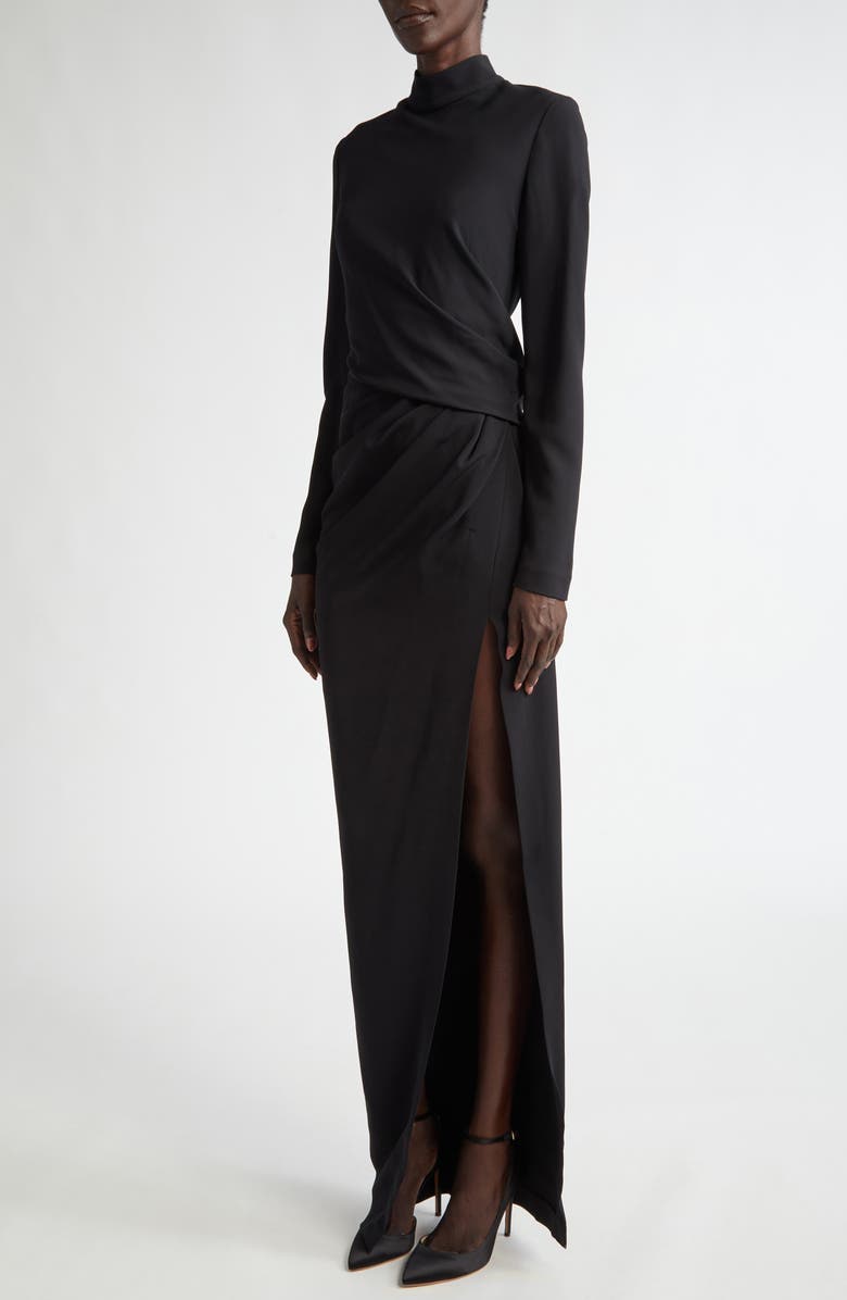 Oscar de la Renta High Slit Long Sleeve Cady Gown, Alternate, color, Black