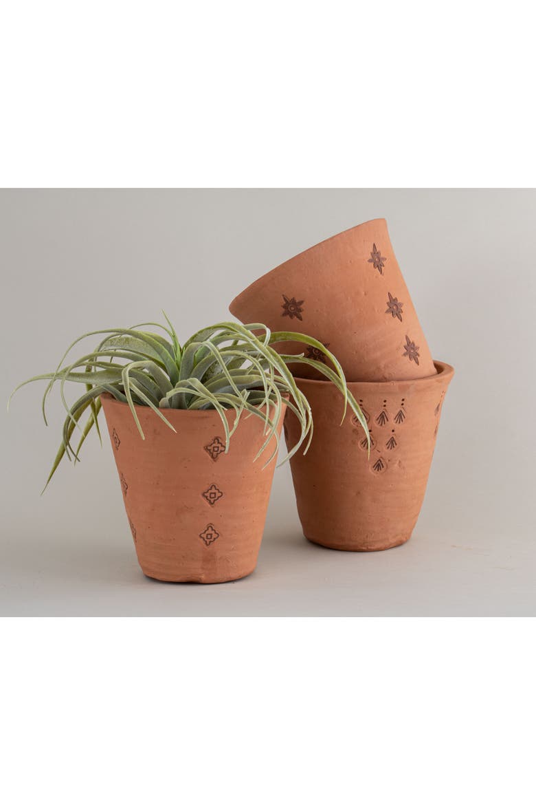 Set of 3 Natural Handthrown Terracotta Embossed Stamped Planters, Alternate, color, Brown