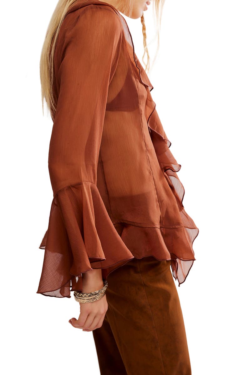 Free People Tulula Ruffle Chiffon Top, Alternate, color, Umber Earth Combo