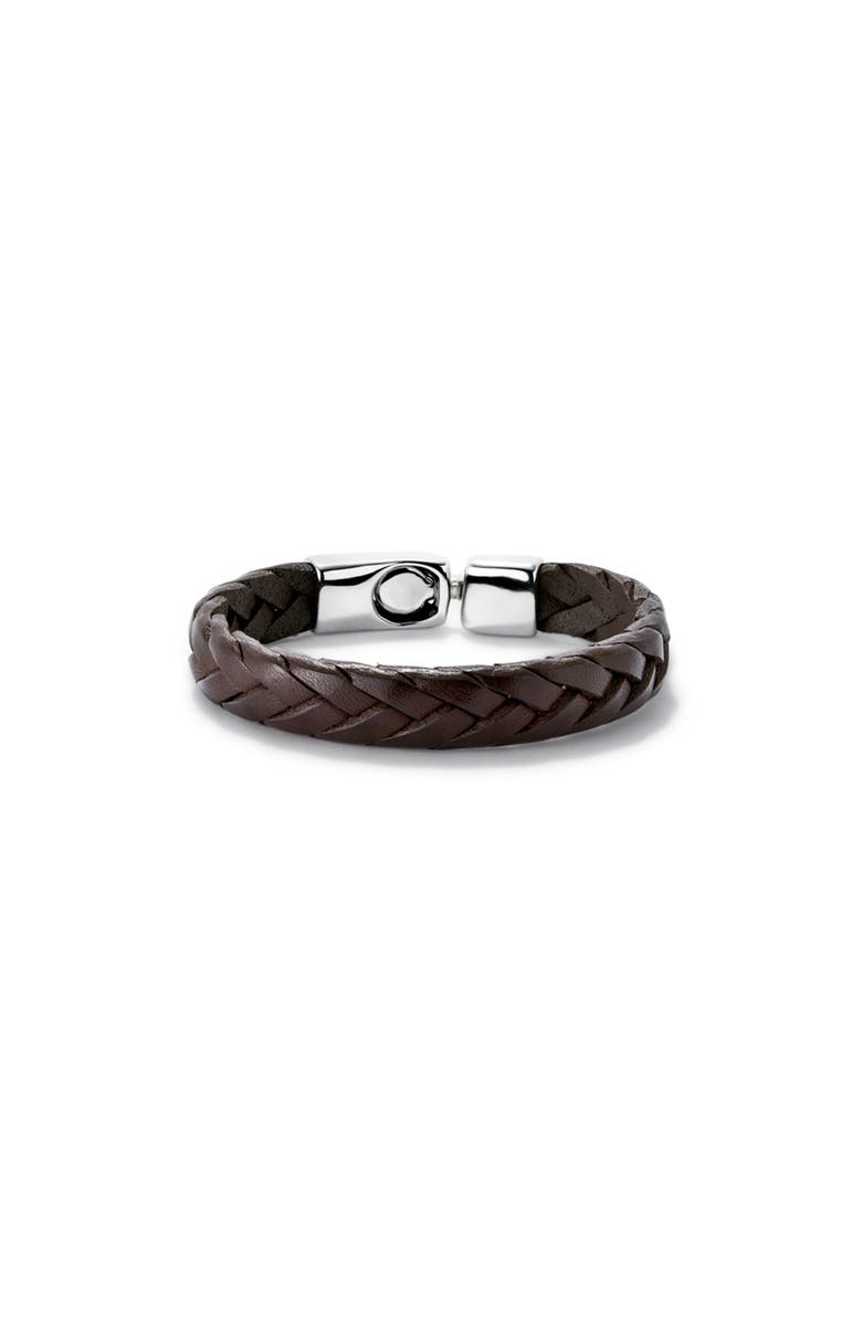 UNODE50 Cognac color braided leather sterling silver-plated bracelet with clasp., Main, color, Brown