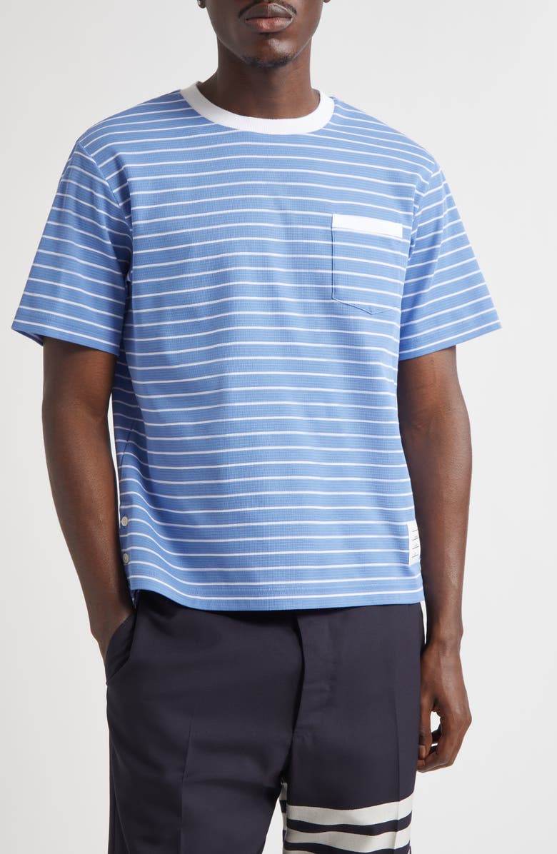 Thom Browne Milano Stripe Short Sleeve Pocket T-Shirt, Main, color, Blue/ White