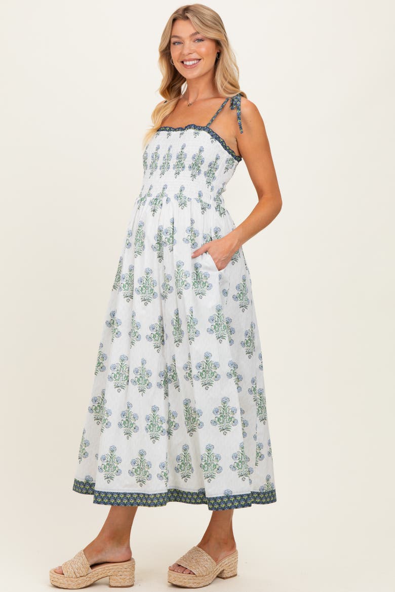 White Floral Smocked Shoulder Tie Maxi Dress, Main, color, White
