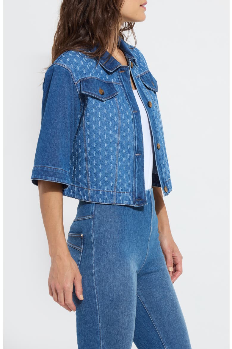 Thea Crop Short Sleeve Denim Jacket, Alternate, color, MID WASH