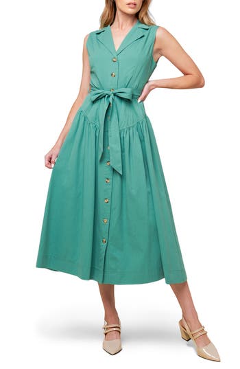 Flying Tomato Sleeveless Drop Waist Cotton Shirtdress