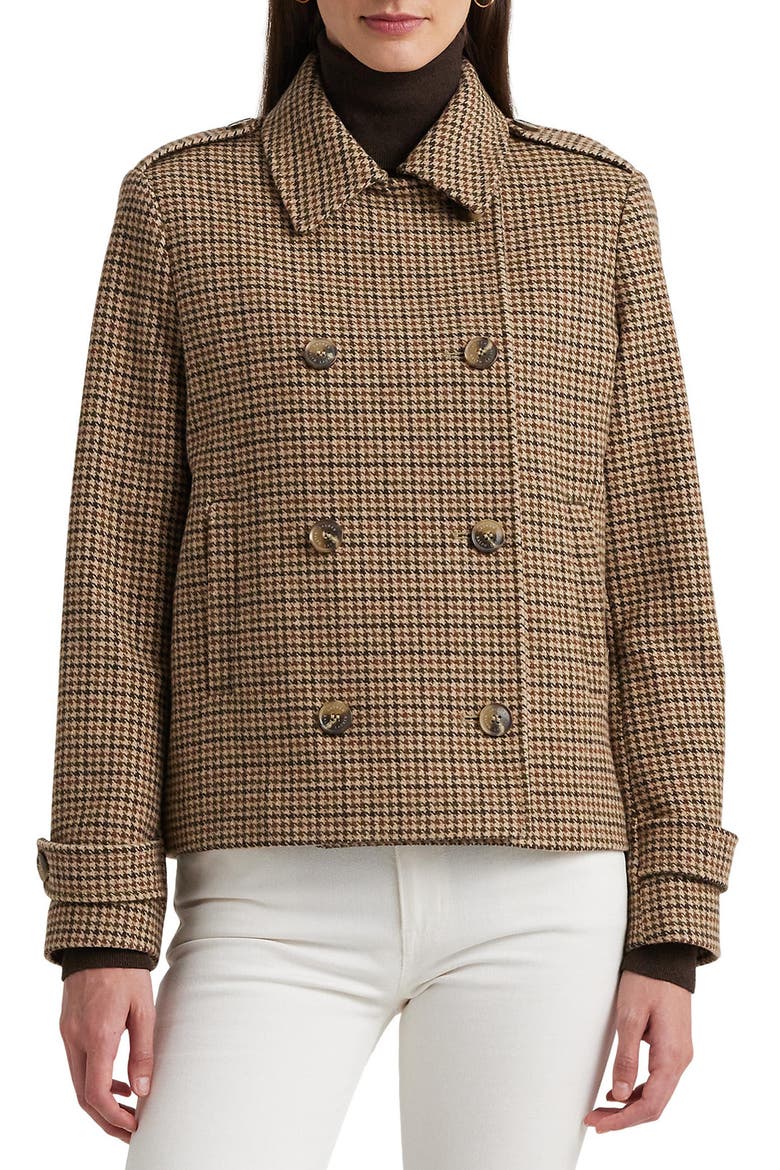 Houndstooth Crop Wool Blend Peacoat, Main, color, LODEN BOX CHECK