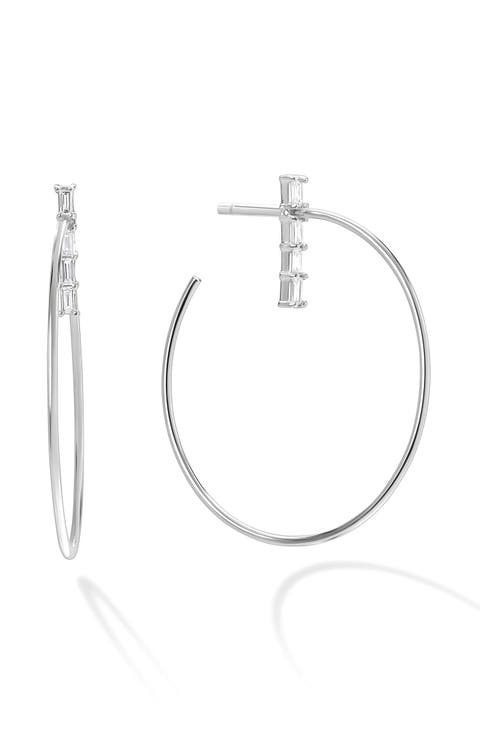 14K Gold Baguette Diamond Wire Hoop Earrings