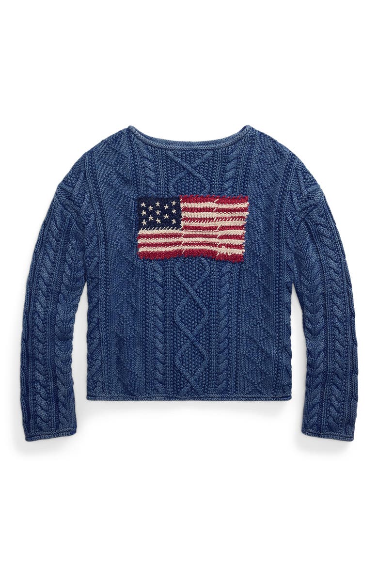 Flag Cable Knit Cotton Aran Sweater, Alternate, color, INDIGO/ MULTI
