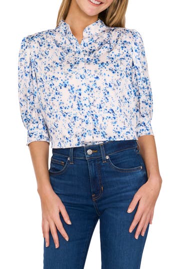 Cece Charm Printed Puff Sleeve Button-up Shirt In Blue