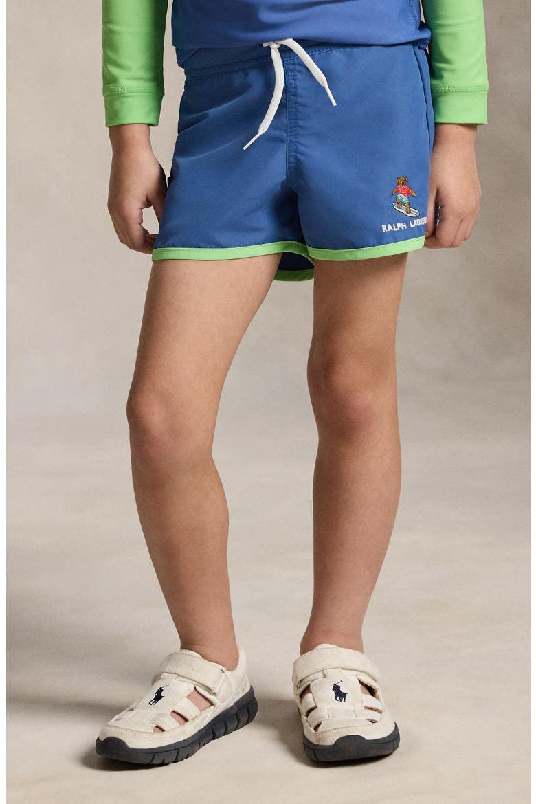 Kids' Embroidered Polo Bear Swim Trunks, Alternate, color, BAI BLUE