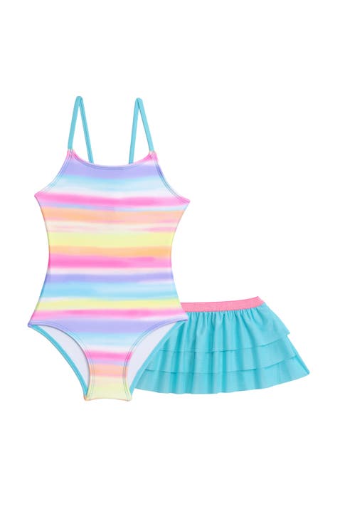 Little Girls X-Back One Piece Swimsuit with Ruffle Coverup Skirt 2-Piece Set