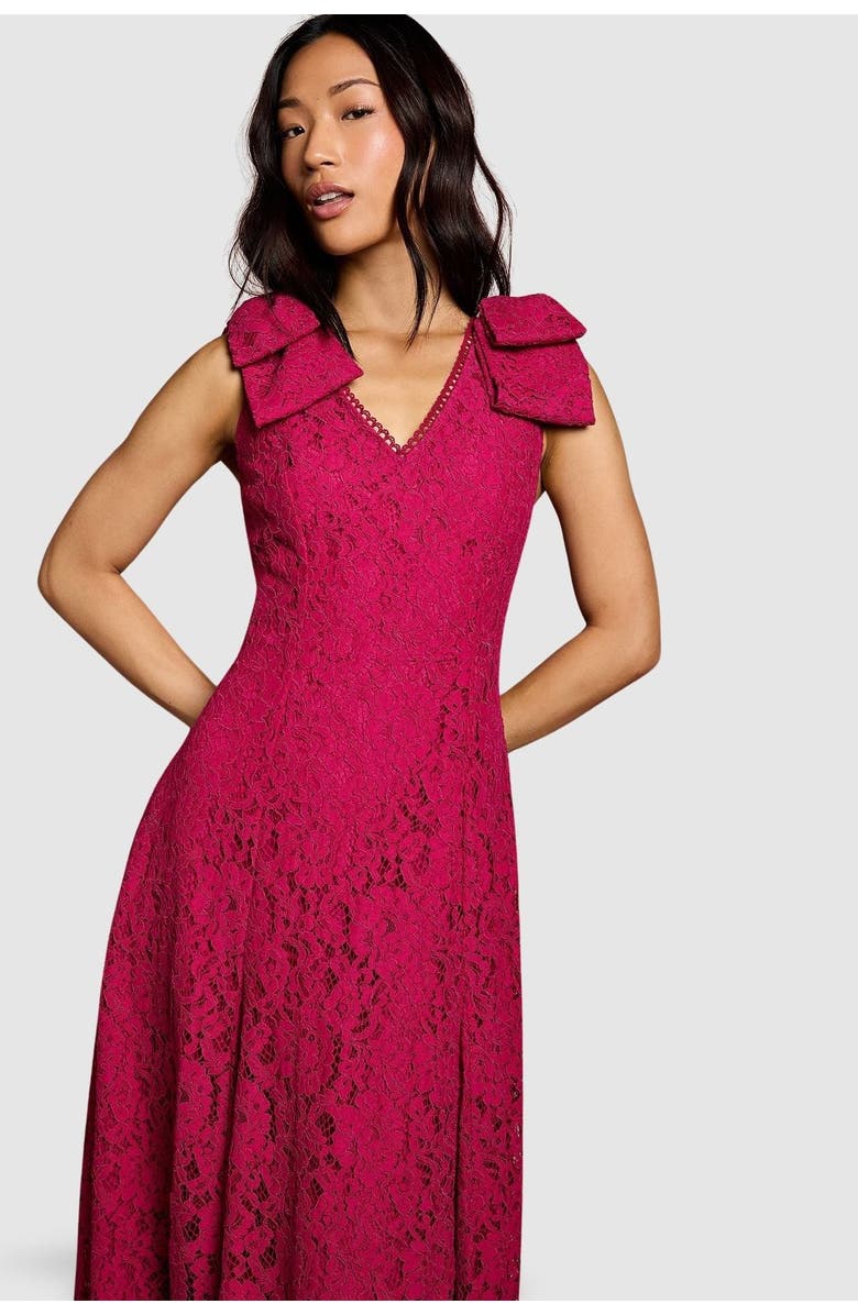 Coast Bow Shoulder V Neck Lace Midi Dress, Alternate, color, Burgundy