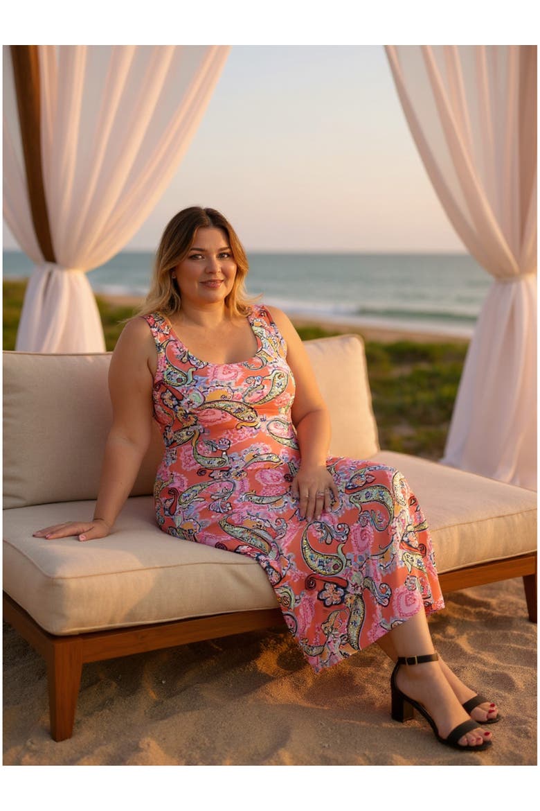 Plus Size Paisley Scoop Neck Sleeveless Racerback Tank Maxi Dress, Alternate, color, Orange Multi