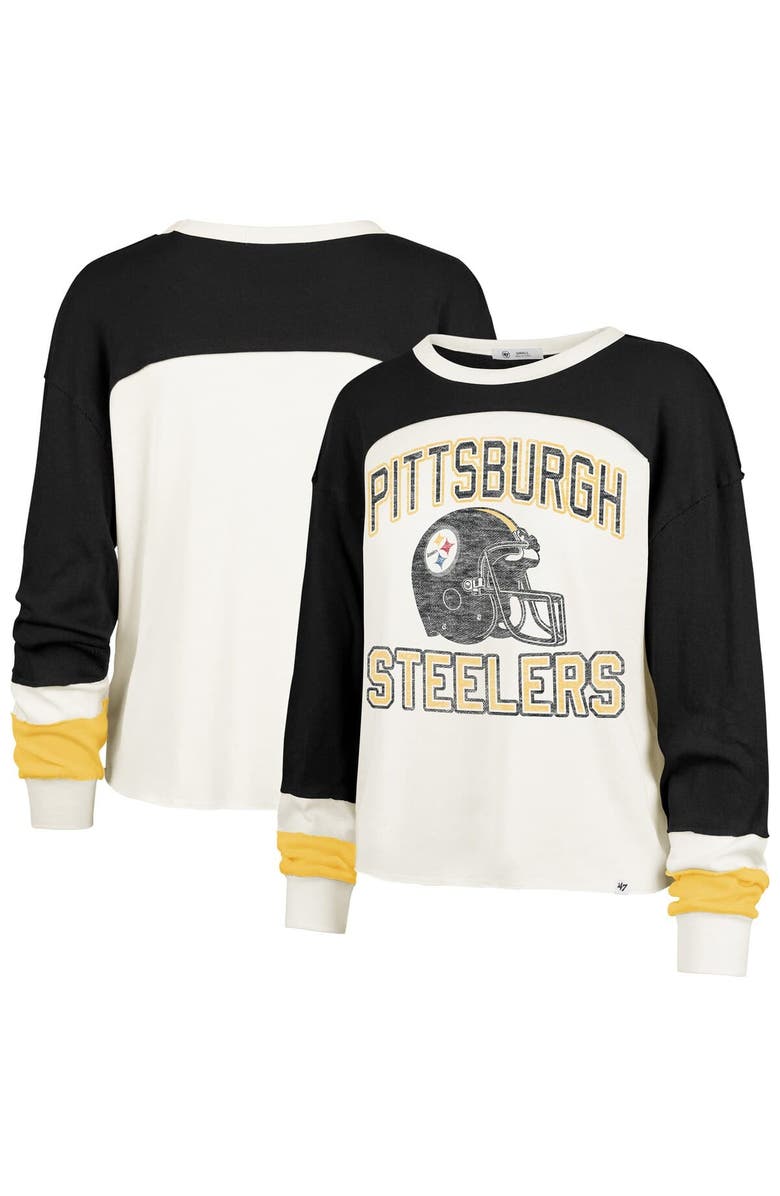 '47 Women's '47 Cream Pittsburgh Steelers Double Header Curve Toni Long Sleeve T-Shirt, Main, color, 
