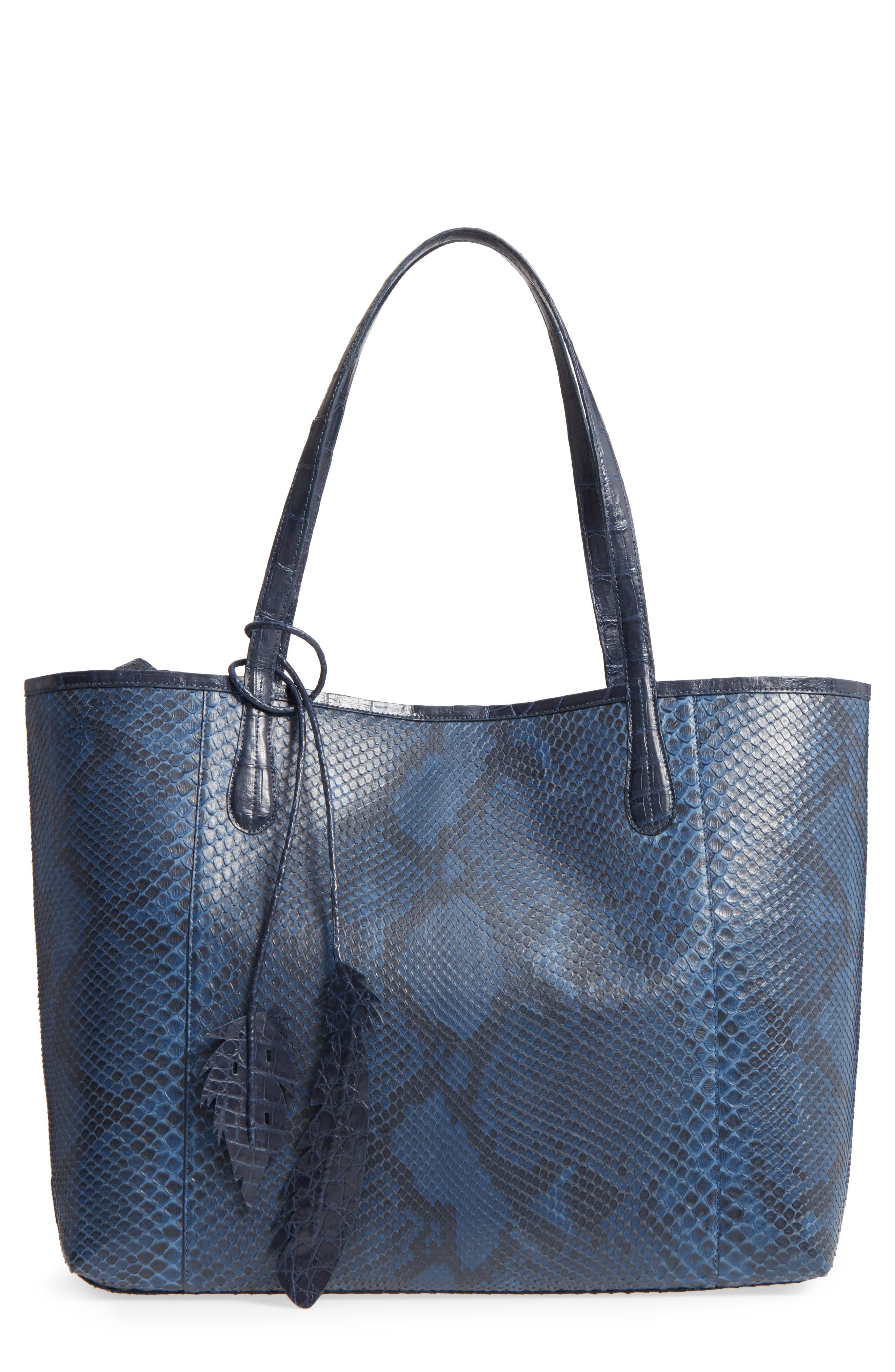 Medium Erica Genuine Python & Crocodile Tote, Main, color, NAVY MATTE