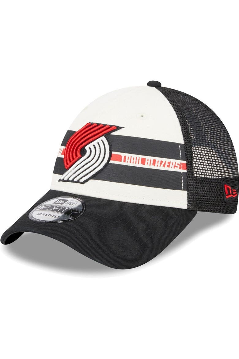 Men's New Era Portland Trail Blazers Black Stripes 9FORTY Trucker Snapback Hat, Main, color, Black