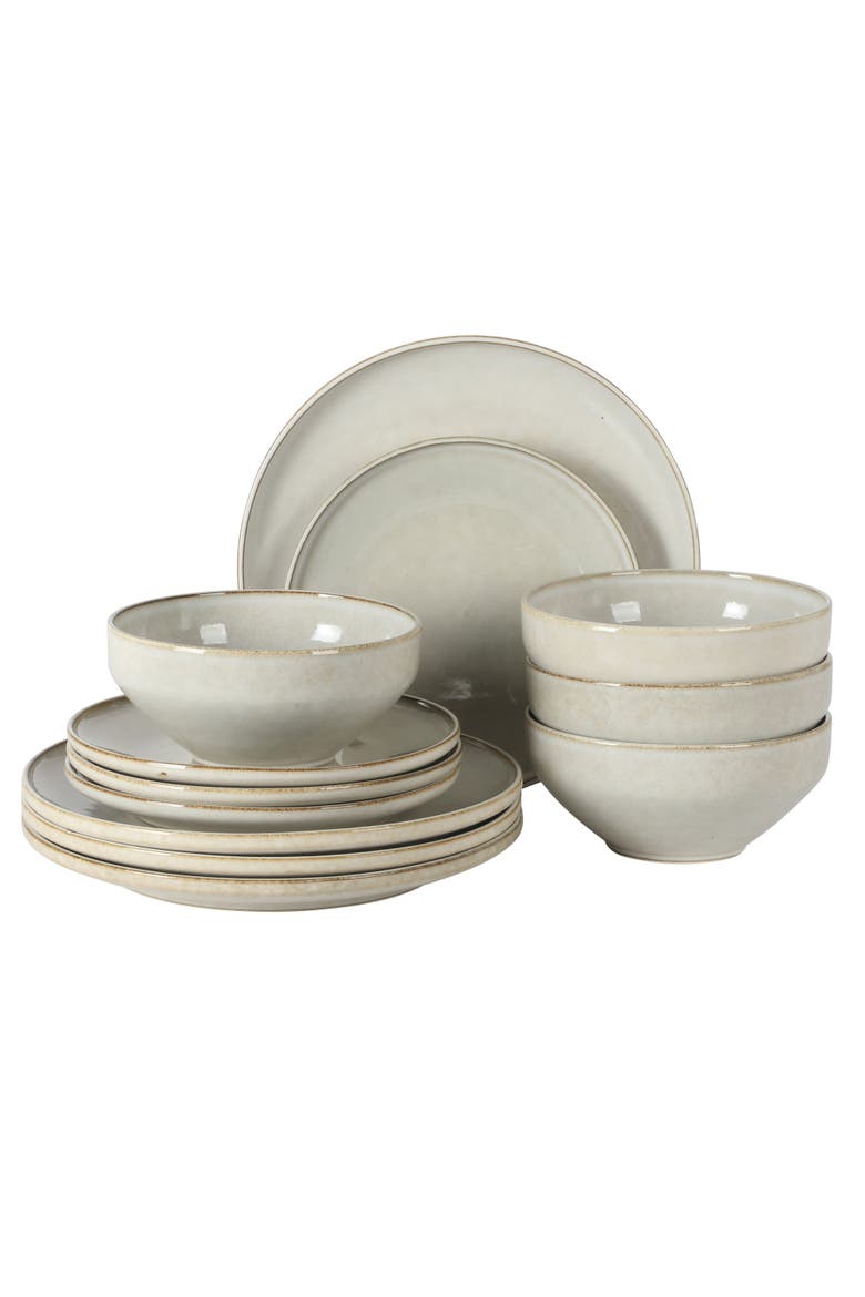 White Sands Plates and Bowls Sets, Stoneware Dinnerware Sets, Reactive Glaze Dish Set - Moonstone White, Main, color, Ash
