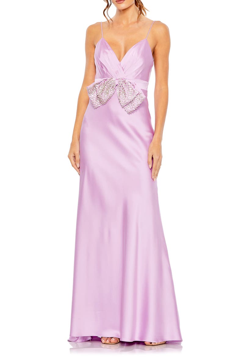 Rhinestone Bow Cami Draped Trumpet Gown, Main, color, LILAC