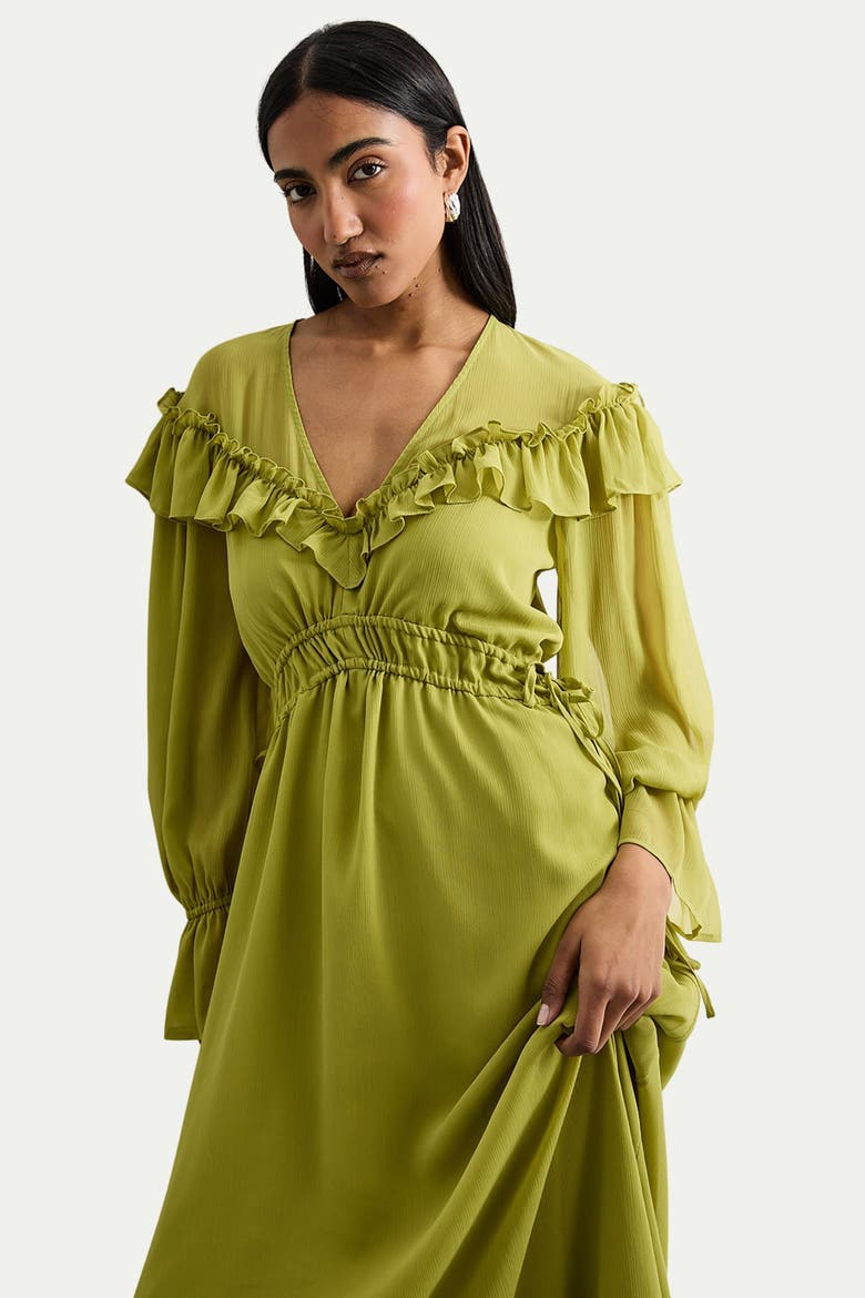 Ruffle Shoulder Detail Boho Maxi Dress, Alternate, color, Chartreuse