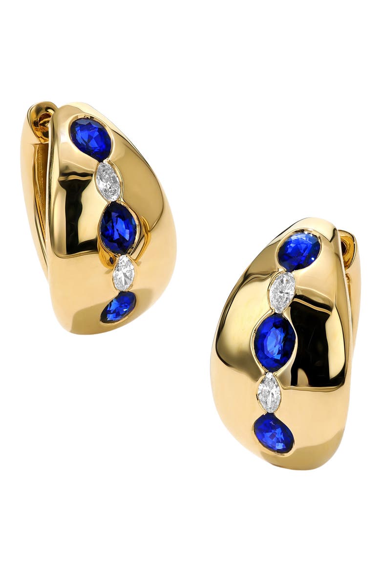 Oval Sapphire & Diamond Huggie Hoop Earrings, Main, color, SAPPHIRE