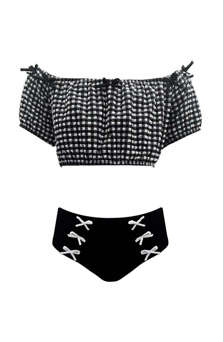 NESSI BYRD Checkered Off Shoulder & Lace-Up Two Piece Bikini,Toddler-Little Kid & Big Kid, Main, color, Black