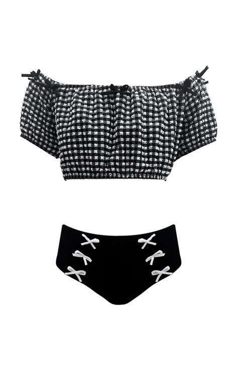 Checkered Off Shoulder & Lace-Up Two Piece Bikini,Toddler-Little Kid & Big Kid