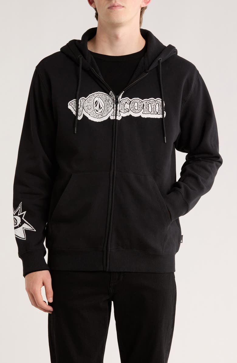 Volcom Logo Graphic Zip Hoodie, Main, color, Black
