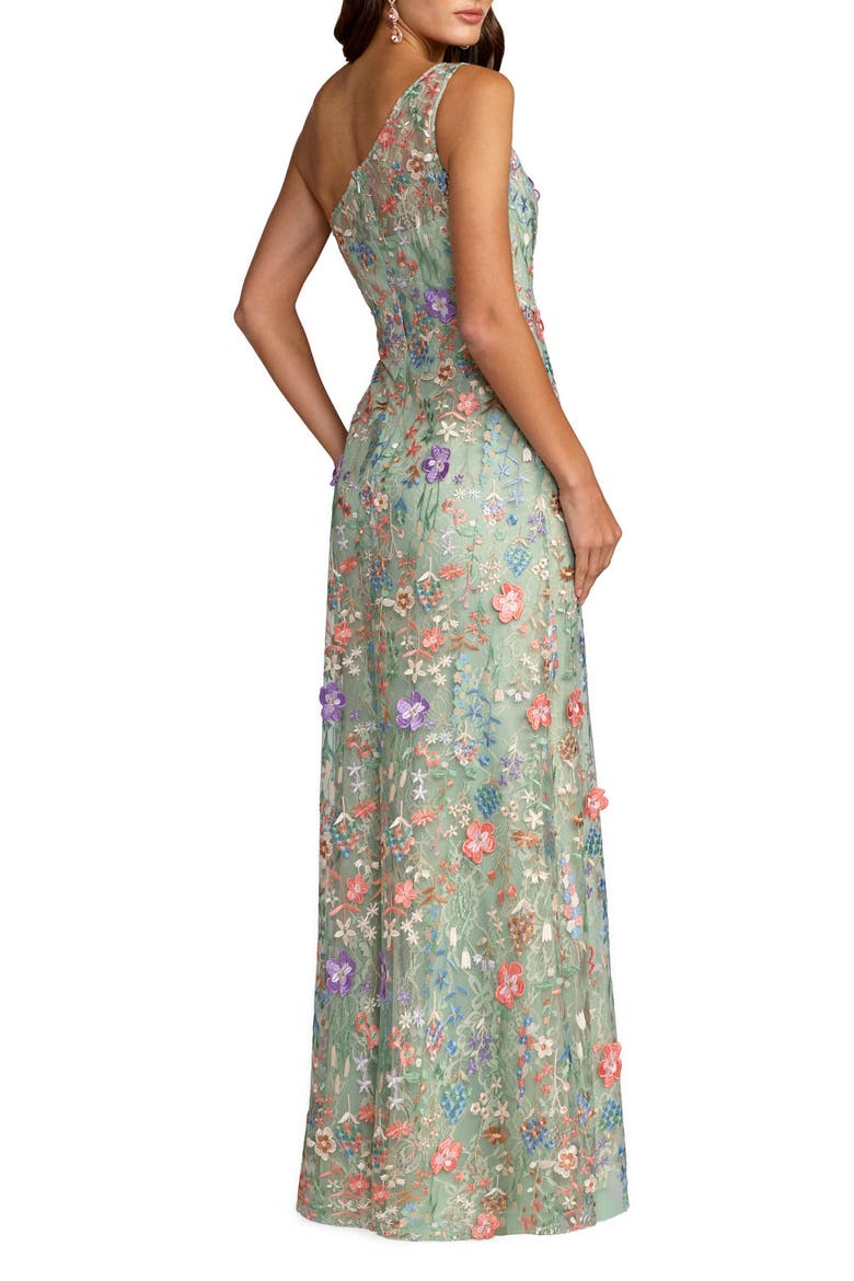 Petite One Shoulder Lace Embroidered Gown, Alternate, color, Sage Multi