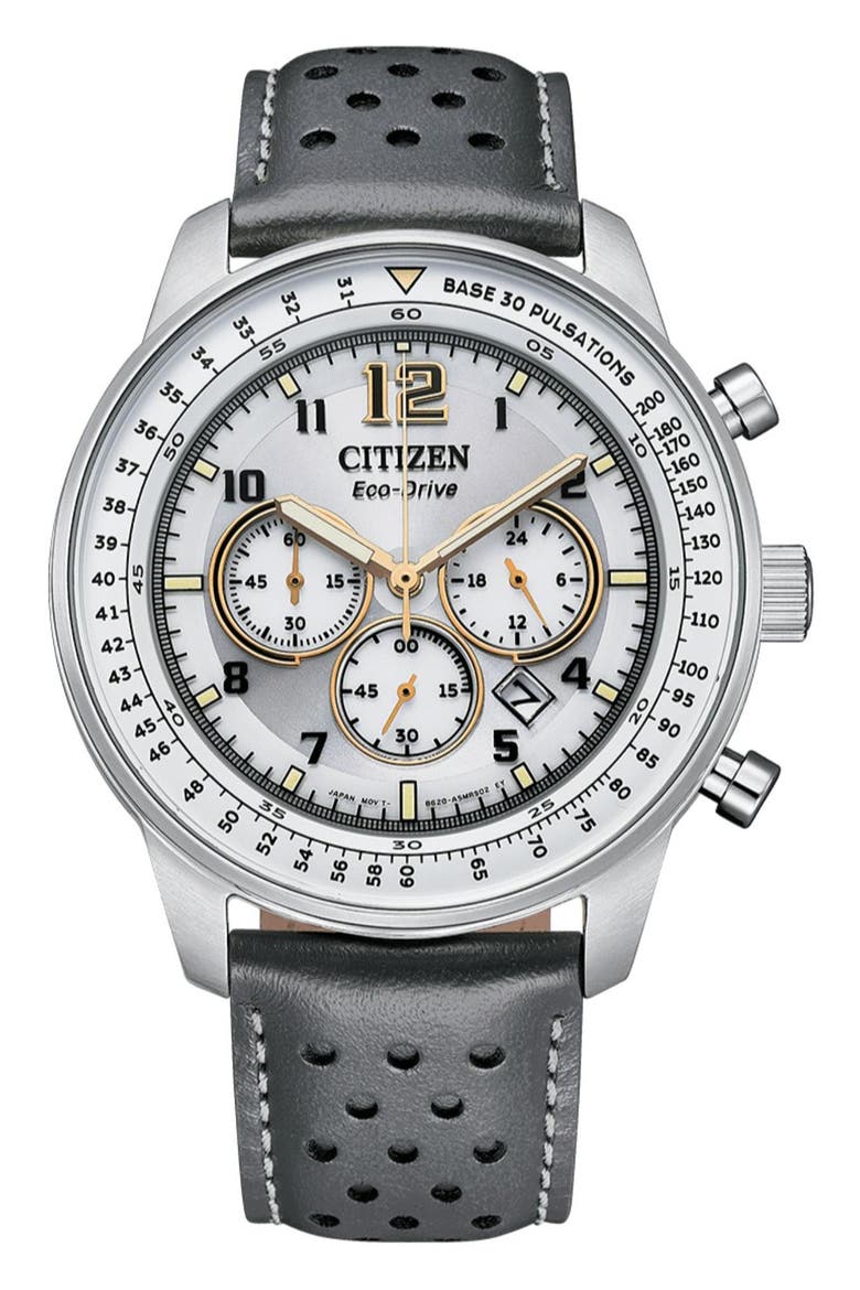 Future Force Chronograph Leather Strap Watch, 44mm, Main, color, GRAY