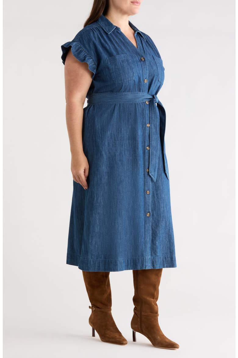 Flutter Sleeve Tie Waist Denim Midi Dress, Alternate, color, DARK WASH