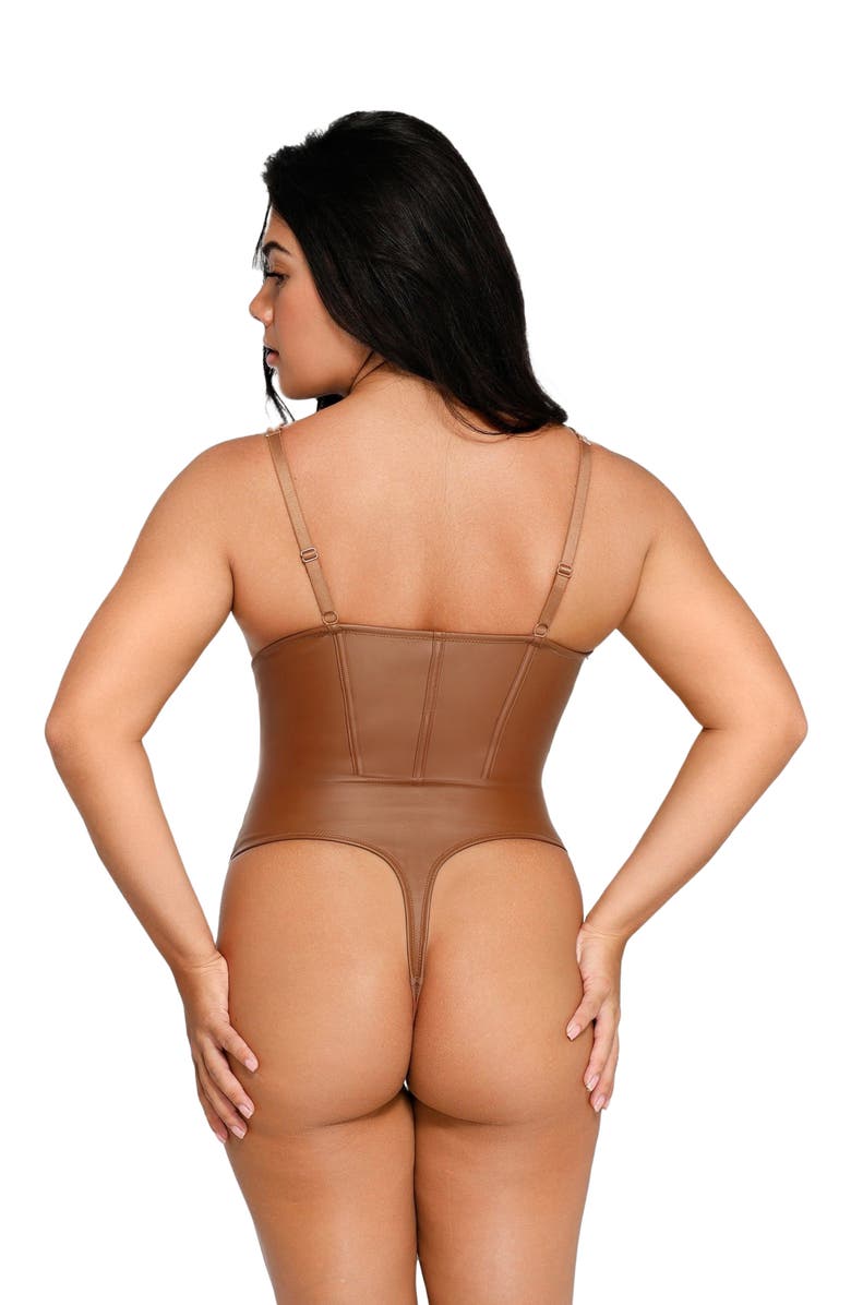 Popilush Shapewear Faux Leather Hourglass Corset Bodysuit, Alternate, color, Dark Brown