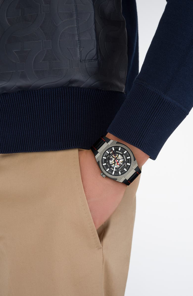 FERRAGAMO Supreme Skeleton Recycled Polyurethane Strap Watch, 43mm, Alternate, color, 