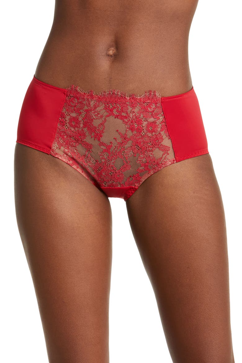 Entice Lace Trim Briefs, Main, color, LIPSTICK RED/ NYLON