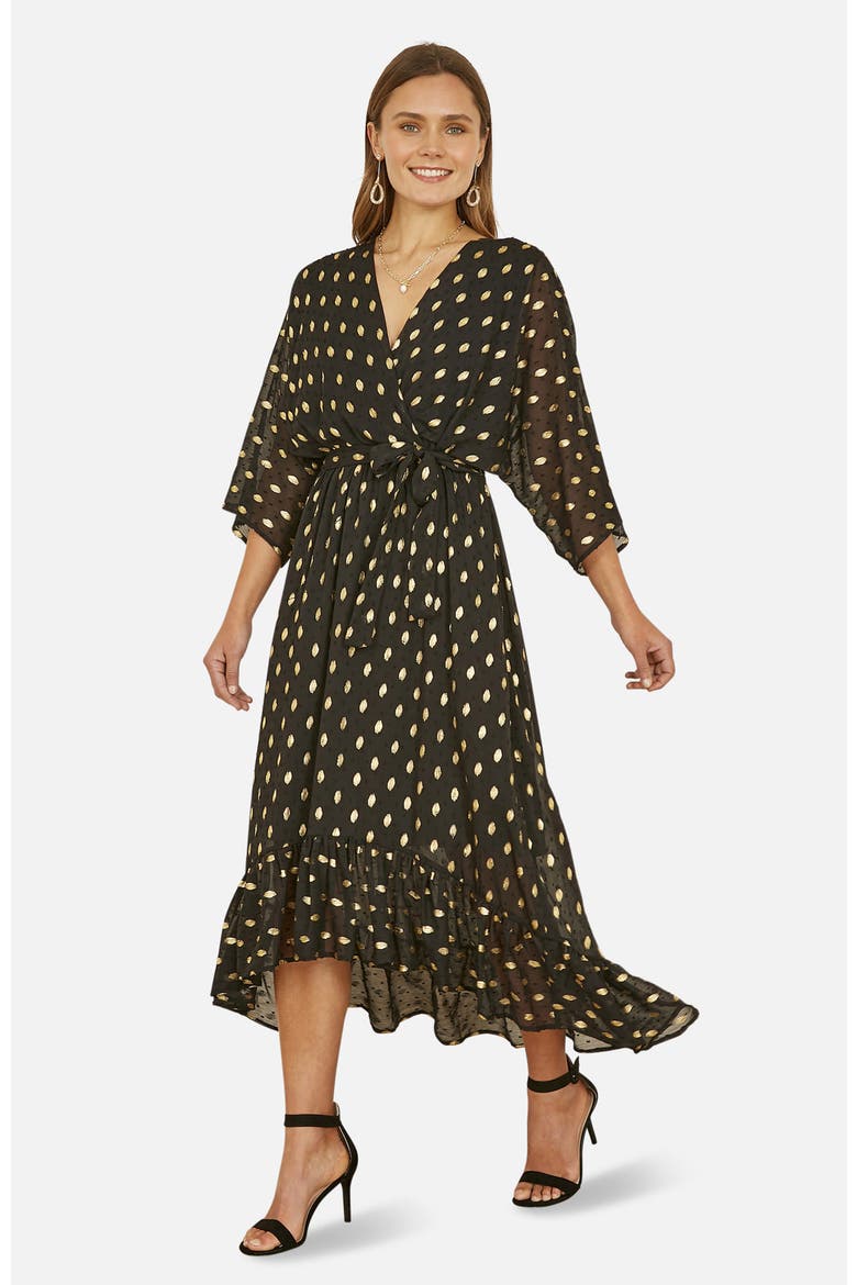 Foil Print Wrap Over Dress, Alternate, color, Black