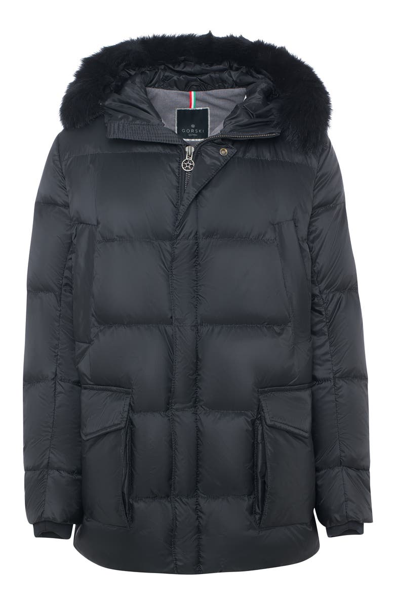 GORSKI Mens Apres-Ski Jacket with Detachable Genuine Shearling Hood Trim, Alternate, color, Black/Black