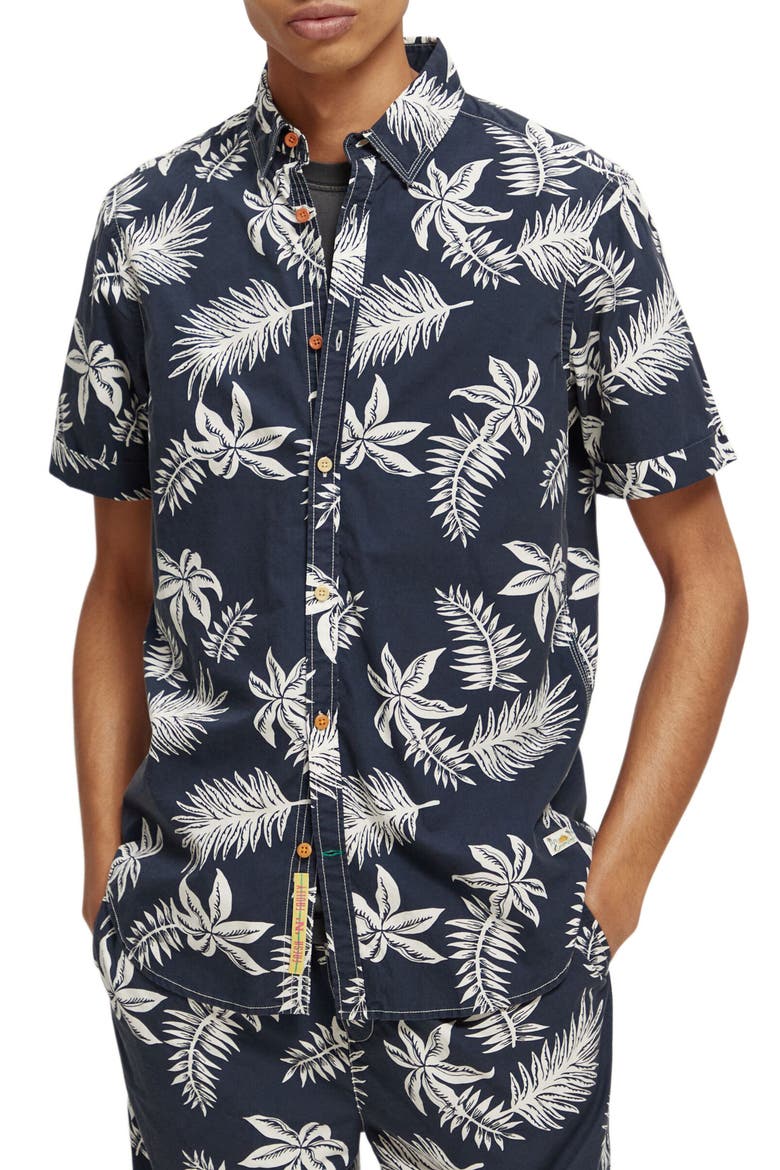 Trim Fit Floral Print Short Sleeve Button-Up Shirt, Main, color, 5818-NAVY LEAF