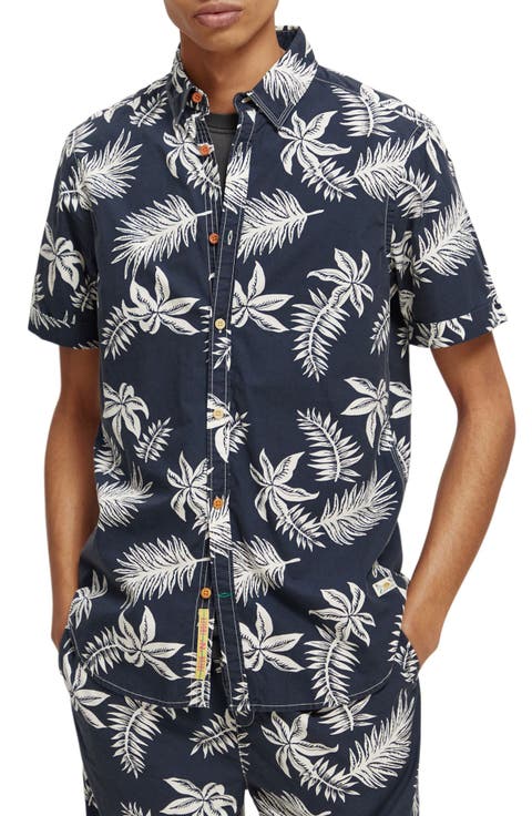 Trim Fit Floral Print Short Sleeve Button-Up Shirt