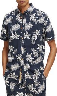 Scotch & Soda Trim Fit Floral Print Short Sleeve Button-Up Shirt