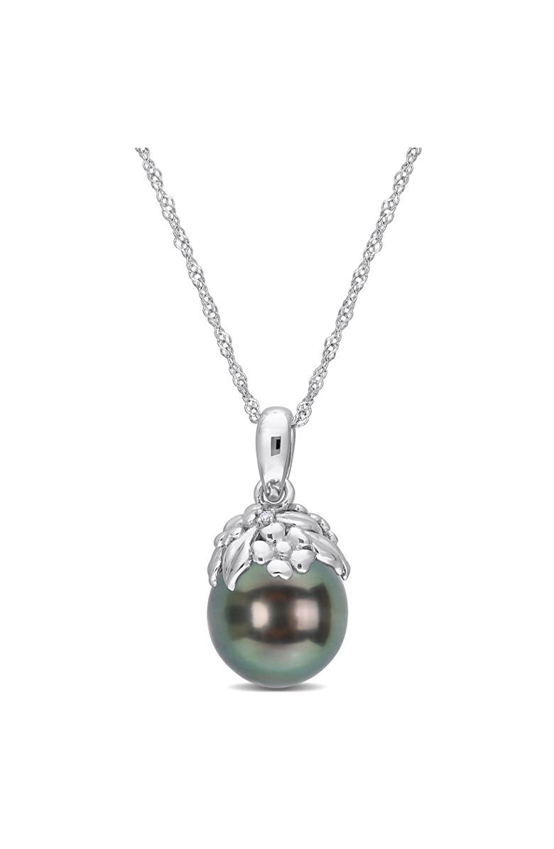 Julianna B. Pearl & Diamond Accent Leaf Necklace 14k, Main, color, Tahitian Pearl/White Gold