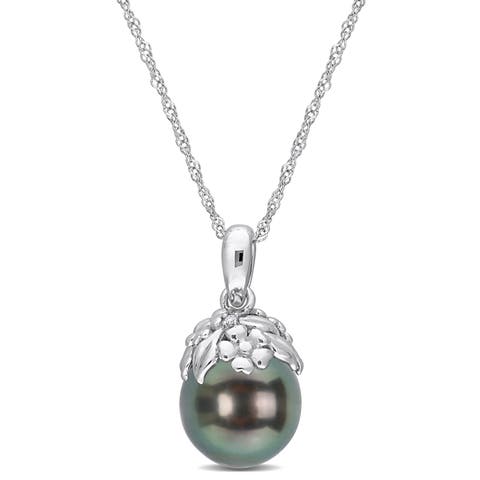 Pearl & Diamond Accent Leaf Necklace 14k