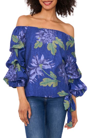 Shop Cece Off The Shoulder Lantern Sleeve Top In Blue Ice