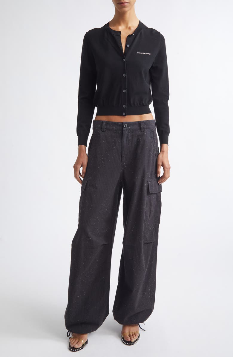 Alexander Wang Hotfix Logo Shrunken Cardigan, Alternate, color, Black