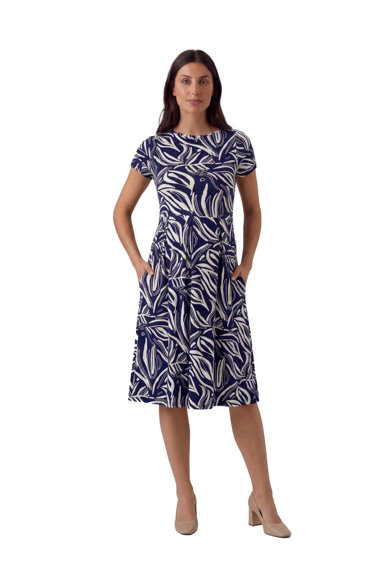Maternity Essential Abstract Print Short Sleeve Boat Neck Pleated Pocket Fit & Flare Midi Dress, Main, color, Navy Multi
