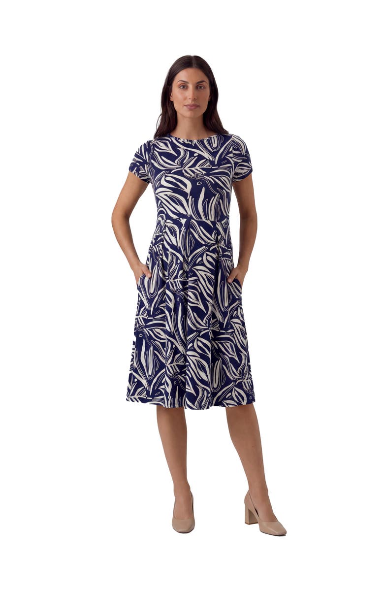 24seven Comfort Apparel Maternity Essential Abstract Print Short Sleeve Boat Neck Pleated Pocket Fit & Flare Midi Dress, Main, color, Navy Multi