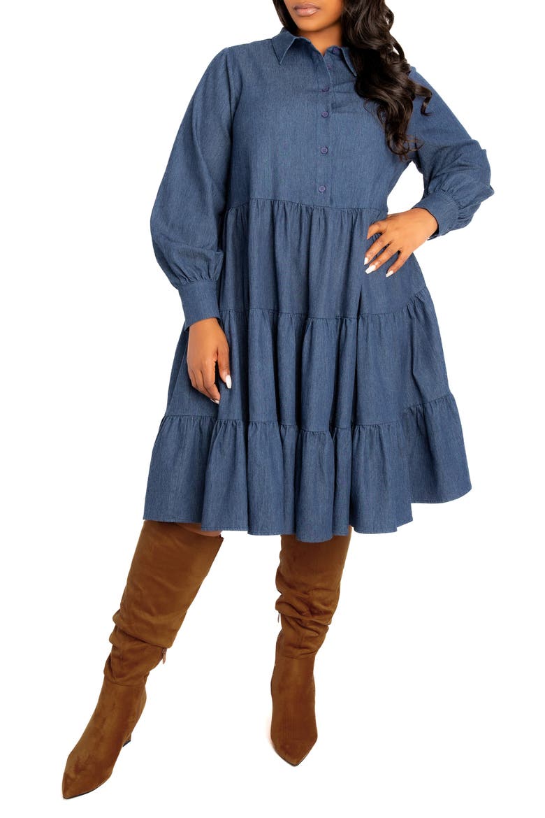 Tiered Long Sleeve Denim Dress, Main, color, DENIM BLUE
