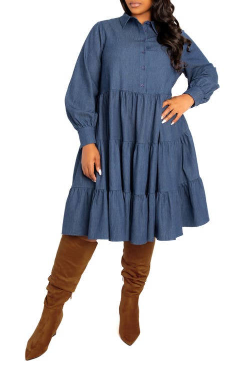 Tiered Long Sleeve Denim Dress (Plus)