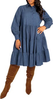 BUXOM COUTURE Tiered Long Sleeve Denim Dress