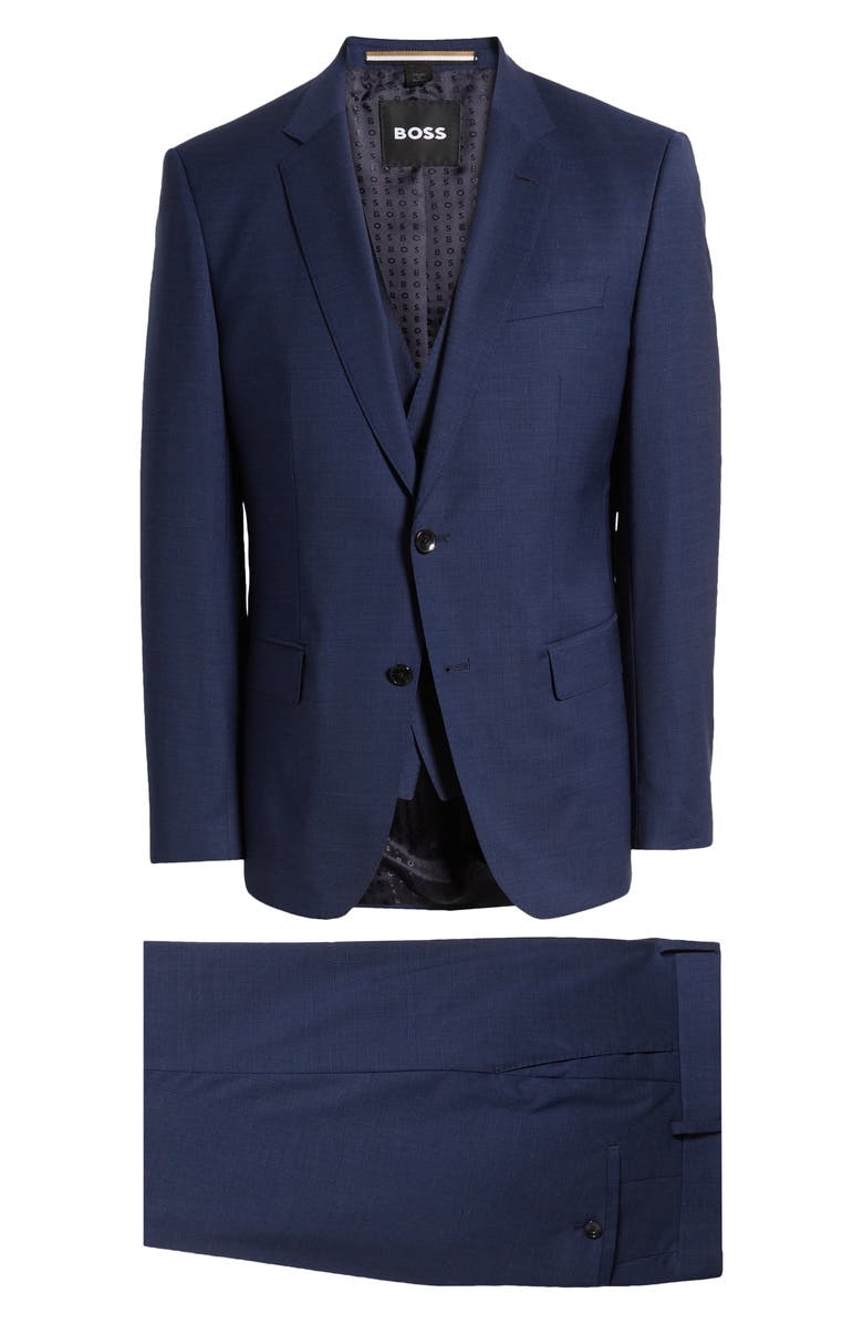 BOSS Huge 3-Piece Solid Blue Stretch Wool Suit, Main, color, 